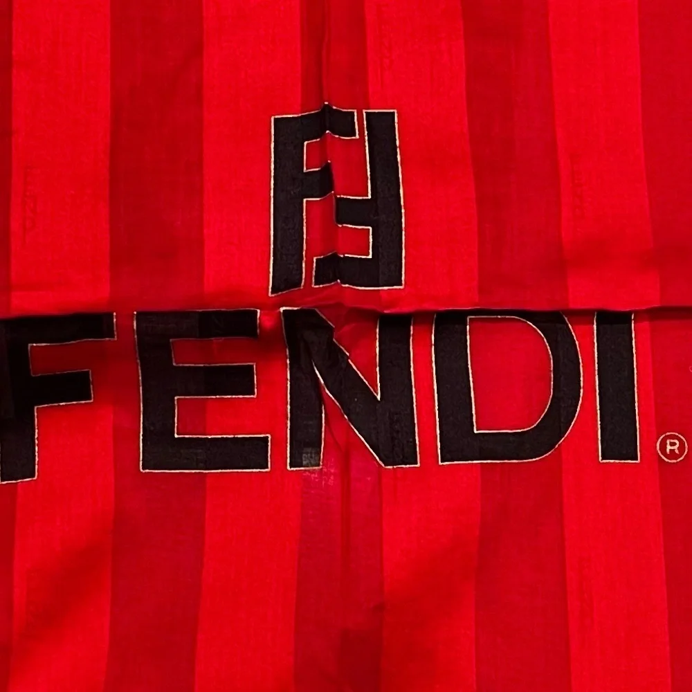 Vintage Fendi Red Silk Scarf – Chain & FF Logo Patch Print, 1980s-1990 EUC Italy